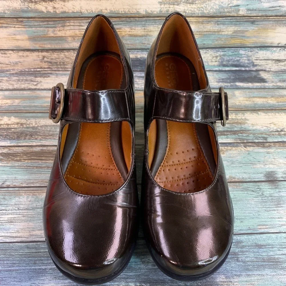 Geox Mary Jane Shoes Womens Size 9M Dark Bronze Patent Leather Wedge Heel